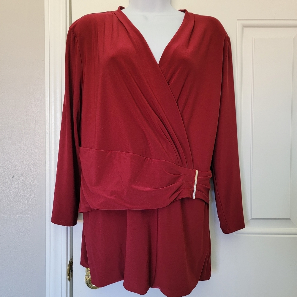 WHBM Burgandy Faux Wrap Blouse Silver Bar Accent Rayon 3/4 Sleeve Size XL